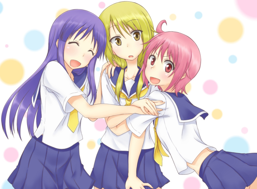 3girls ahoge blonde_hair brown_eyes hand_on_another's_shoulder hinata_yukari hug ichii_yui kyoukya_(kyouya02) leaning_on_person looking_at_viewer miniskirt multiple_girls nonohara_yuzuko open_mouth pink_hair pleated_skirt polka_dot polka_dot_background purple_hair red_eyes school_uniform serafuku simple_background skirt smile yuyushiki