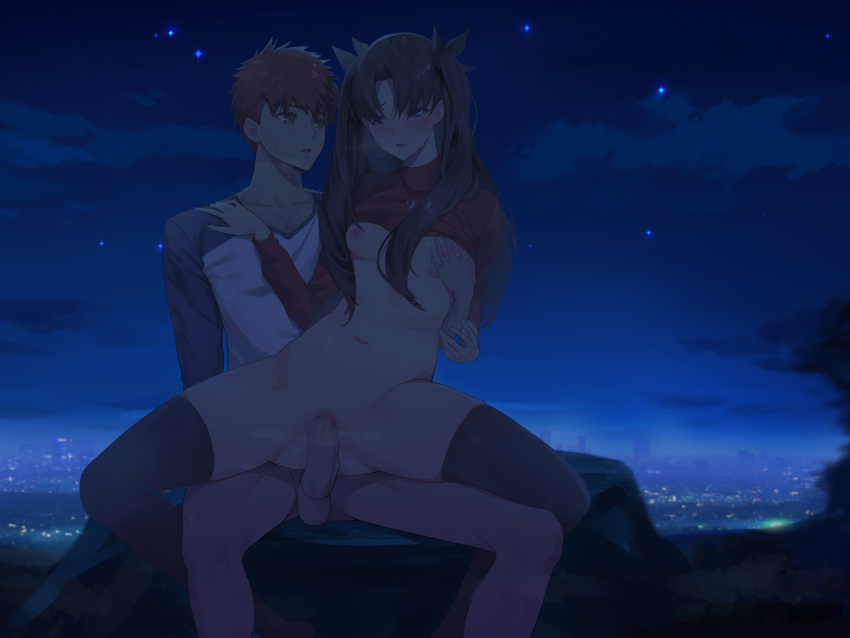 1boy 1girl absurdres bangs black_hair black_legwear black_ribbon blinkblink_art blush bottomless breast_grab brown_eyes city clothes_lift emiya_shirou fate/stay_night fate_(series) feet_out_of_frame girl_on_top grabbing grabbing_from_behind hair_ribbon hand_on_another's_shoulder hetero highres long_hair long_sleeves looking_at_another looking_down naked_shirt navel night night_sky nipples no_bra open_mouth outdoors parted_bangs penis pussy raglan_sleeves red_hair red_shirt revision ribbon rock sex shirt shirt_lift sky spread_legs stomach straddling testicles thighhighs tohsaka_rin two_side_up uncensored vaginal white_shirt