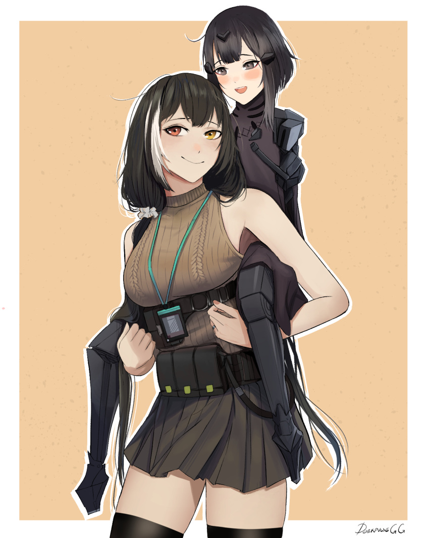 2girls anna_(girls'_frontline) artist_name bangs belt black_eyes black_hair black_legwear black_skirt blush breasts brown_sweater_vest closed_mouth commission darkpulsegg eyebrows_visible_through_hair feet_out_of_frame girls'_frontline hair_ornament hairclip heterochromia highres long_hair looking_at_another looking_at_viewer mechanical_legs medium_breasts mod3_(girls'_frontline) multicolored_hair multiple_girls open_mouth red_eyes ro635_(girls'_frontline) simple_background sitting sitting_on_person skirt small_breasts smile standing sweater_vest thighhighs uniform yellow_eyes