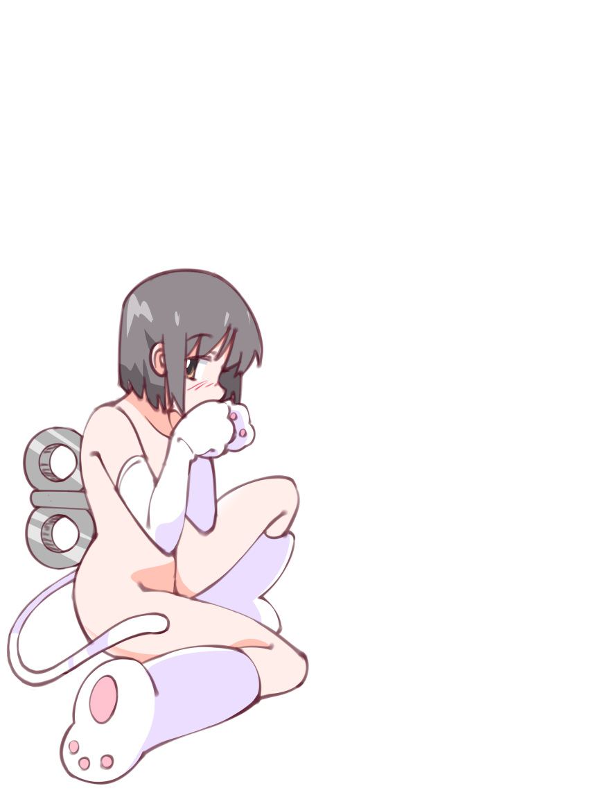 1girl absurdres ahoge animal_hands bikini black_hair blush breasts brown_eyes cat_paws cat_tail cleavage collarbone covering_own_mouth full_body hair_between_eyes highres majormilk nichijou nude shinonome_nano short_hair sitting solo swimsuit tail white_background