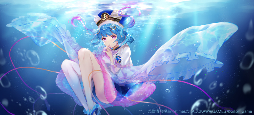 1girl air_bubble animae_arche bangs blue_hair blurry blurry_background bubble commentary_request depth_of_field eyebrows_visible_through_hair feet_out_of_frame frilled_sleeves frills gradient_hair highres itamidome knees_up long_hair long_sleeves looking_at_viewer multicolored_hair nonono_(animae_arche) official_art own_hands_together parted_lips purple_eyes purple_hair shirt solo underwater water white_headwear white_shirt wide_sleeves