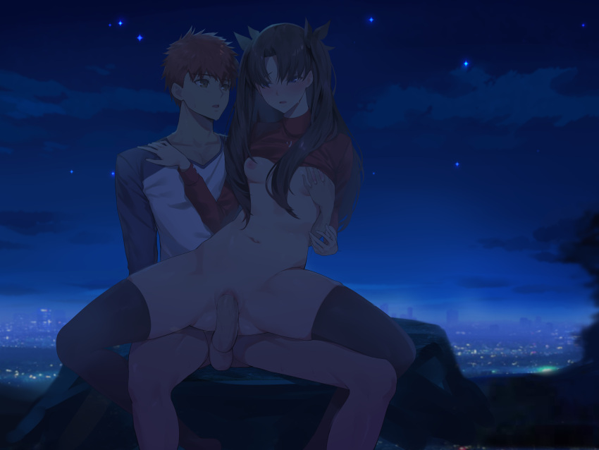 1boy 1girl absurdres bangs black_hair black_legwear black_ribbon blinkblink_art blush bottomless breast_grab brown_eyes city clothes_lift emiya_shirou fate/stay_night fate_(series) feet_out_of_frame girl_on_top grabbing grabbing_from_behind hair_ribbon hand_on_another's_shoulder hetero highres long_hair long_sleeves looking_at_another looking_down md5_mismatch naked_shirt navel night night_sky no_bra open_mouth outdoors parted_bangs penis pussy raglan_sleeves red_hair red_shirt ribbon rock sex shirt shirt_lift sky spread_legs stomach straddling testicles thighhighs tohsaka_rin two_side_up uncensored vaginal white_shirt