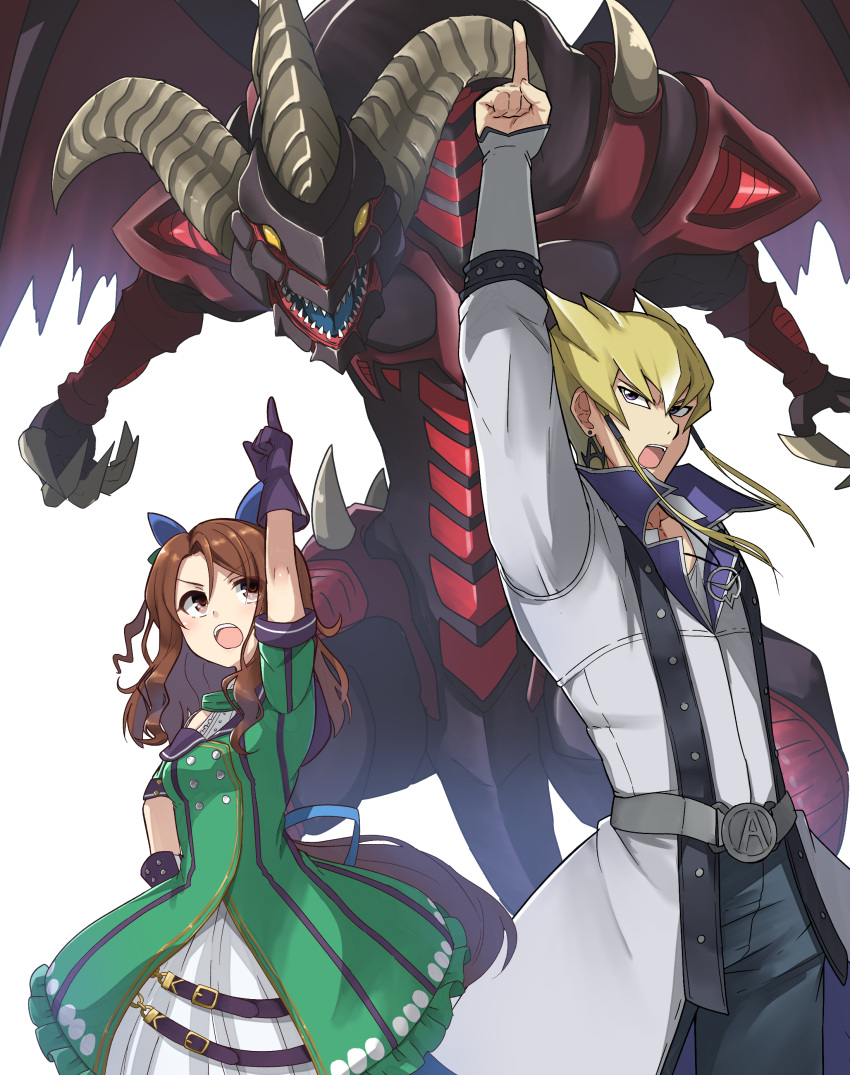 1boy 1girl absurdres animal_ears belt blonde_hair brown_eyes brown_hair coat commission cowboy_shot crossover dress duel_monster ear_covers earrings gloves hair_between_eyes hand_on_hip highres horse_ears horse_girl horse_tail index_finger_raised jack_atlas jewelry kagari3 king_halo_(umamusume) long_hair long_sleeves namesake necklace open_mouth pants pointing pointing_up purple_eyes red_dragon_archfiend short_hair short_sleeves skeb_commission spiked_hair tail umamusume yellow_eyes yu-gi-oh! yu-gi-oh!_5d's