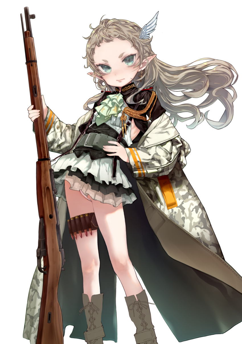 1girl ascot bolt_action boots bullet character_request closed_mouth coat eiyuu_senki eiyuu_senki_ww flat_chest floating_hair green_ascot green_eyes grey_hair gun hair_ornament hand_on_hip highres holding holding_gun holding_weapon long_hair long_sleeves looking_at_viewer mochi_(circle_rin) mosin-nagant official_art open_clothes open_coat pointy_ears rifle simple_background solo standing weapon weapon_request white_background