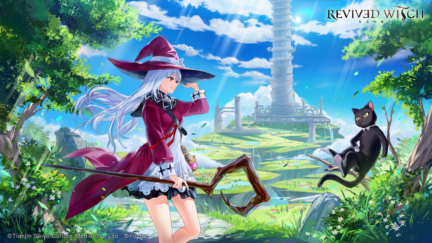 1girl absurdres black_cat black_skirt blue_sky bow cat day dress floating floating_island flower flying from_side grass grey_hair hand_on_headwear hand_up hat hat_bow highres holding holding_staff hoojiro lantern logo long_hair long_sleeves miniskirt open_clothes open_robe outdoors parted_lips red_eyes red_ribbon red_robe revived_witch ribbon robe short_dress skirt sky smile staff tower tree watermark white_bow white_dress white_flower witch witch_hat