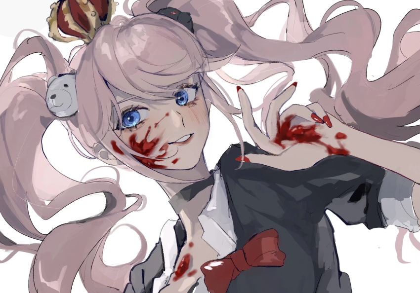 1girl bangs bear_hair_ornament black_choker black_shirt blood blood_on_face blood_on_hands blue_eyes blush bow choker crown danganronpa:_trigger_happy_havoc danganronpa_(series) enoshima_junko floating_hair hair_ornament highres long_hair looking_at_viewer nail_polish portrait red_bow red_nails shi_xu_jiu_zhou shiny shiny_hair shirt simple_background smile teeth twintails upper_body white_background