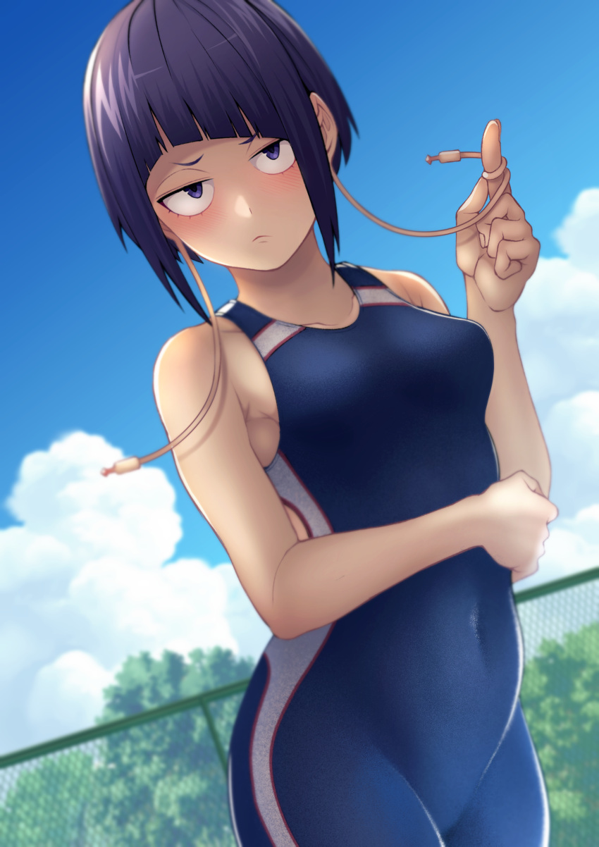 1girl absurdres audio_jack bangs bare_arms bare_shoulders black_hair blunt_bangs boku_no_hero_academia breasts cloud collarbone commentary covered_navel cowboy_shot day fence hand_up highres jirou_kyouka kobaji looking_at_viewer one-piece_swimsuit outdoors shiny shiny_hair short_hair sidelocks sky solo swimsuit tree