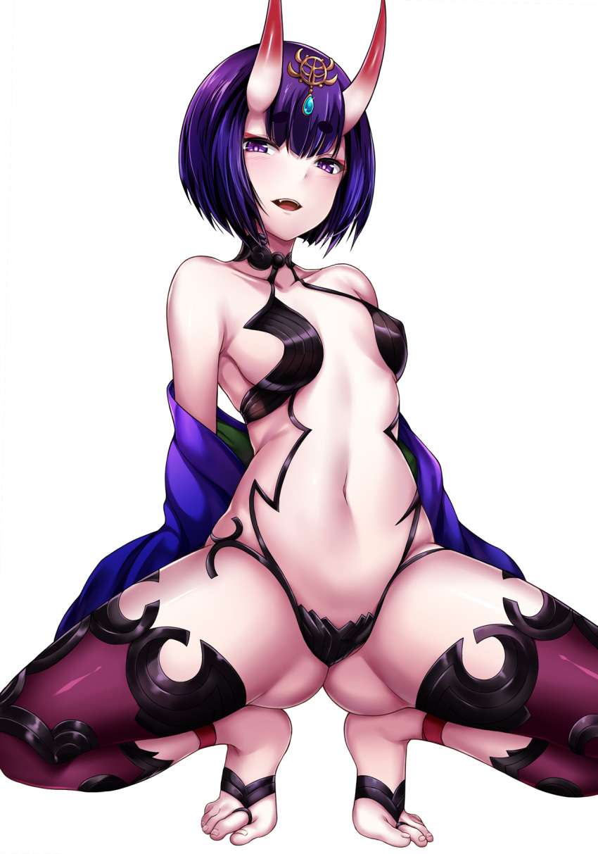 1girl ass_visible_through_thighs bangs bare_shoulders barefoot_sandals blush bob_cut breasts collarbone eyeliner fate/grand_order fate_(series) headpiece highres horns japanese_clothes kimono long_sleeves looking_at_viewer makeup navel off_shoulder oni oni_horns open_mouth purple_eyes purple_hair purple_kimono revealing_clothes short_hair shuten_douji_(fate) skin-covered_horns small_breasts smile solo squatting taka-kun wide_sleeves