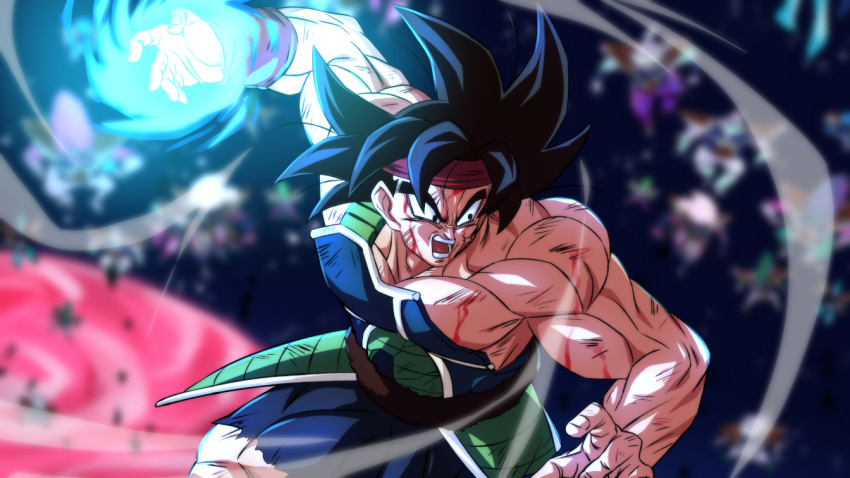 6+boys bardock battle_damage black_eyes black_hair blood blurry blurry_background dragon_ball dragon_ball_z energy_ball incoming_attack male_focus multiple_boys muscular muscular_male planet red_bandana rom_(20) saiyan_armor solo_focus space torn_clothes