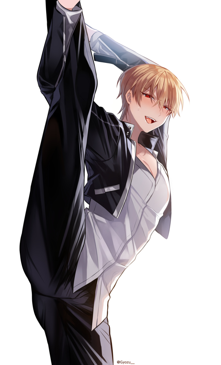 1boy absurdres bangs black_jacket black_pants blonde_hair blush collarbone commentary_request fate/stay_night fate_(series) gilgamesh_(fate) highres jacket long_sleeves open_mouth pants red_eyes rijjin shirt short_hair split standing standing_on_one_leg standing_split