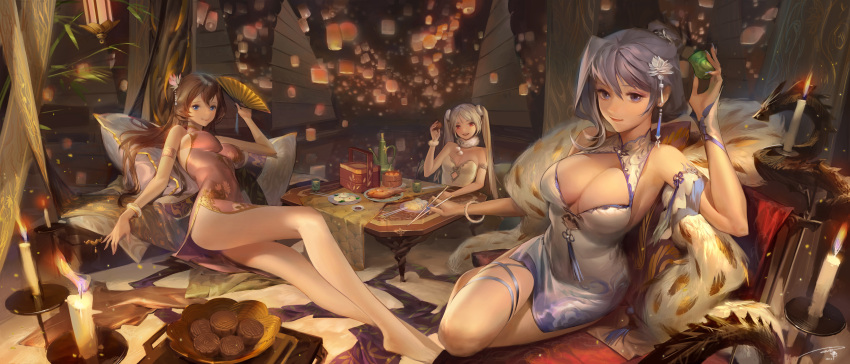 3girls absurdres aether_gaze ass bangle bare_shoulders barefoot blue_dress blue_eyes blue_nails bracelet breasts brown_hair candle center_opening character_request china_dress chinese_clothes chopsticks cleavage crossed_legs cup curtains damiaodi dress flower folded_ponytail folding_fan food gradient_dress grey_hair hair_bun hair_flower hair_ornament halter_dress halterneck hand_fan highres holding holding_cup indoors jewelry lantern large_breasts legs long_hair looking_at_viewer lying multiple_girls no_bra one_side_up paper_lantern pillow pink_dress red_eyes ship short_dress side_slit sky_lantern smile strapless strapless_dress table thigh_strap twintails very_long_hair watercraft white_dress white_flower white_hair