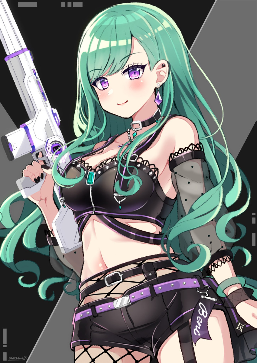 1girl assault_rifle belt black_belt black_choker black_shorts blush bracelet breasts choker cleavage collarbone detached_sleeves dutch_angle earrings eyebrows_visible_through_hair green_hair gun highres holding holding_gun holding_weapon jewelry medium_breasts nanamira_bi navel purple_belt purple_eyes rifle short_shorts shorts smile solo trigger_discipline v-shaped_eyebrows valorant vspo! weapon yakumo_beni