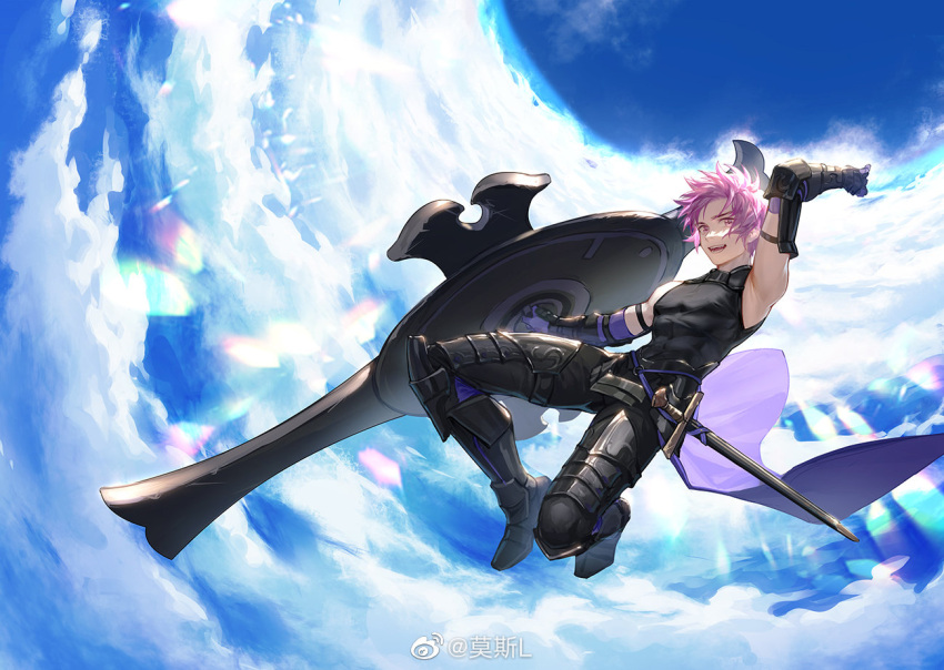 1boy armor armored_boots bare_shoulders black_armor blue_sky boots cloud cloudy_sky fate/grand_order fate_(series) gauntlets genderswap genderswap_(ftm) greaves holding holding_shield looking_at_viewer male_focus mash_kyrielight mosi_l open_mouth outdoors pink_hair purple_eyes shield short_hair sky smile solo sword teeth toned toned_male weapon