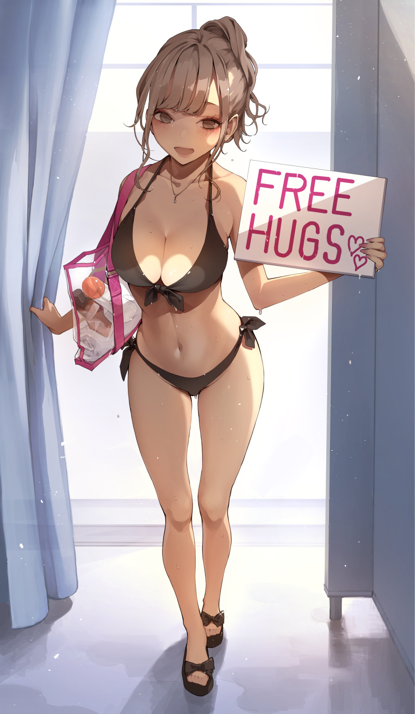 1girl :d absurdres bag bangs bare_arms bare_shoulders bikini black_bikini black_footwear blush breasts brown_eyes brown_hair cleavage collarbone commentary curtains earrings english_text eyeshadow free_hugs front-tie_bikini front-tie_top full_body halterneck highres holding holding_sign jewelry koh_(minagi_kou) large_breasts looking_at_viewer lotion_bottle makeup md5_mismatch mole mole_on_breast necklace open_mouth original sandals short_hair short_ponytail shoulder_bag side-tie_bikini sign smile solo standing stud_earrings swimsuit walk-in