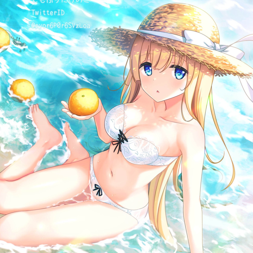 1girl bangs bare_legs bare_shoulders barefoot beach bikini blonde_hair blue_eyes blush breasts cleavage collarbone commentary_request crab eyebrows_visible_through_hair feet food fruit hat hat_ribbon highres holding holding_food holding_fruit long_hair looking_at_viewer medium_breasts navel ocean orange_(fruit) original parted_lips partially_submerged ribbon shimofuri_takenoko sitting solo straw_hat swimsuit toes twitter_username white_bikini