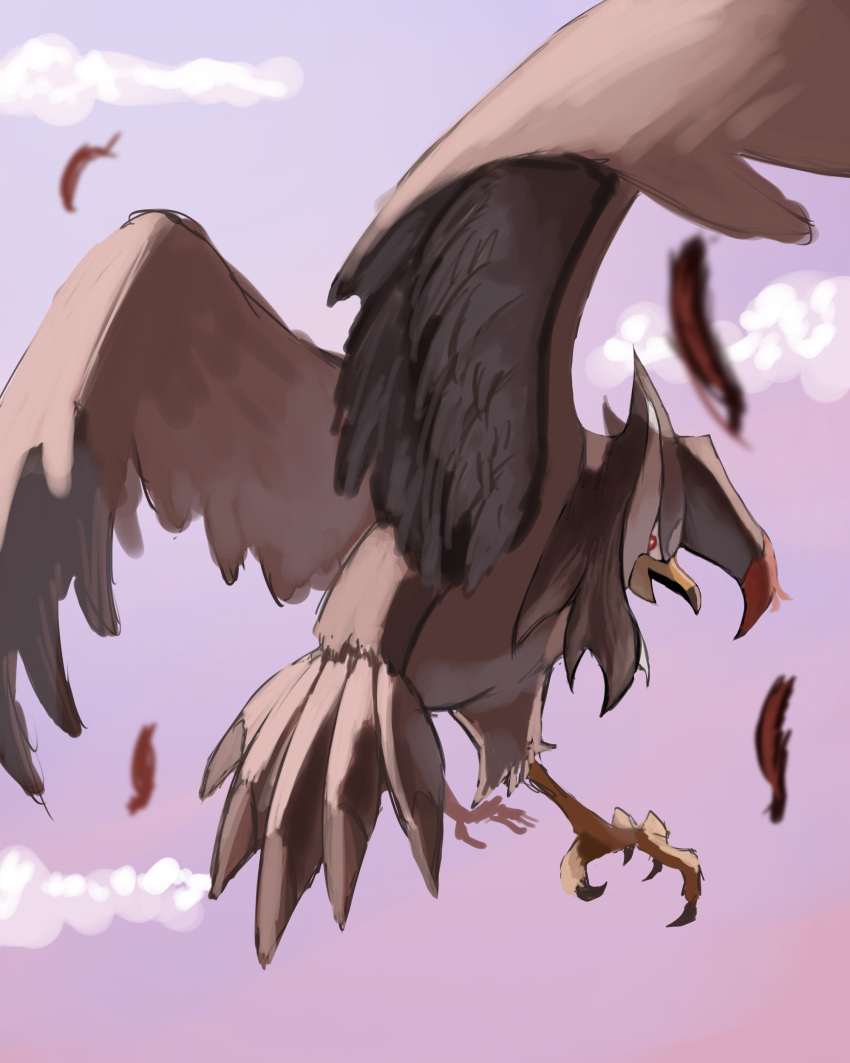 absurdres amanonon blurry bright_pupils cloud commentary_request day feathers from_below highres no_humans open_mouth outdoors pokemon pokemon_(creature) red_eyes sketch sky solo staraptor white_pupils