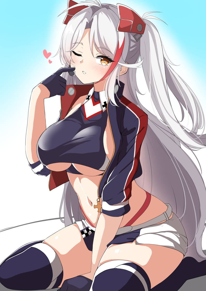 1girl absurdres azur_lane bangs black_gloves black_jacket black_legwear blush breasts brown_eyes checkered crop_top eyebrows_visible_through_hair gloves half_gloves hand_up headgear heart highres jacket long_hair moyoron multicolored_hair navel no_shoes one_eye_closed open_clothes open_jacket parted_bangs parted_lips prinz_eugen_(azur_lane) prinz_eugen_(final_lap)_(azur_lane) race_queen red_hair seiza short_sleeves sitting skirt solo streaked_hair thighhighs two_side_up underboob very_long_hair white_hair white_skirt