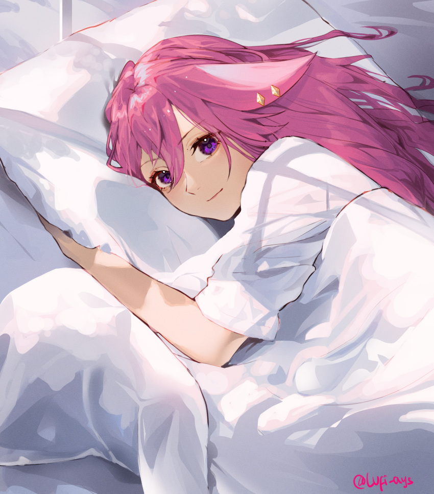 1girl alternate_costume animal_ears bangs bed_sheet commentary earrings eyebrows_visible_through_hair fox_ears from_above futon genshin_impact hair_between_eyes highres jewelry long_hair looking_at_viewer lufi_ays lying on_side pajamas pillow pink_hair purple_eyes short_sleeves sidelocks smile solo sunlight under_covers waking_up yae_(genshin_impact)