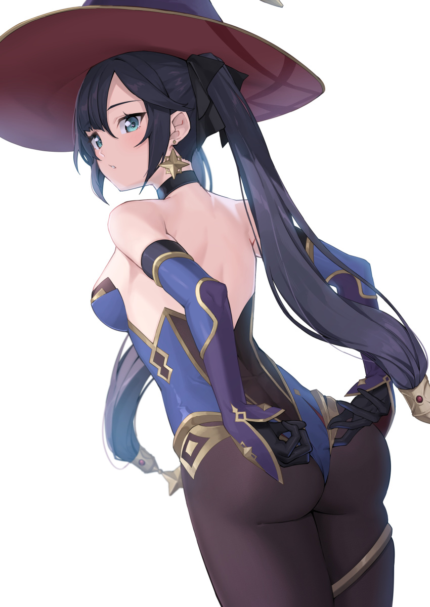 1girl absurdres adjusting_clothes adjusting_leotard aqua_eyes ass bangs black_hair blush breasts commentary_request earrings elbow_gloves eyebrows_visible_through_hair genshin_impact ginopi gloves hat highleg highleg_leotard highres jewelry leotard long_hair looking_back mona_(genshin_impact) pantyhose parted_lips shiny shiny_hair simple_background solo strapless strapless_leotard thigh_strap twintails white_background witch_hat