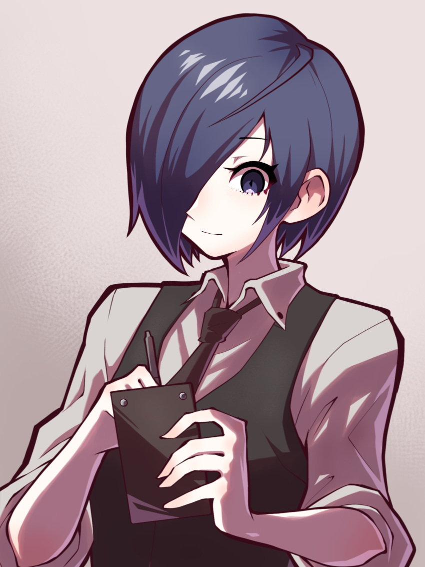 1girl absurdres bangs black_necktie black_vest blue_eyes closed_mouth collared_shirt gradient gradient_background grey_shirt hair_over_one_eye highres holding holding_pen kirishima_touka necktie pen shiny shiny_hair shirt short_hair sleeves_pushed_up smile solo tokyo_ghoul tsumiki_(tsu_miki) upper_body vest waitress writing