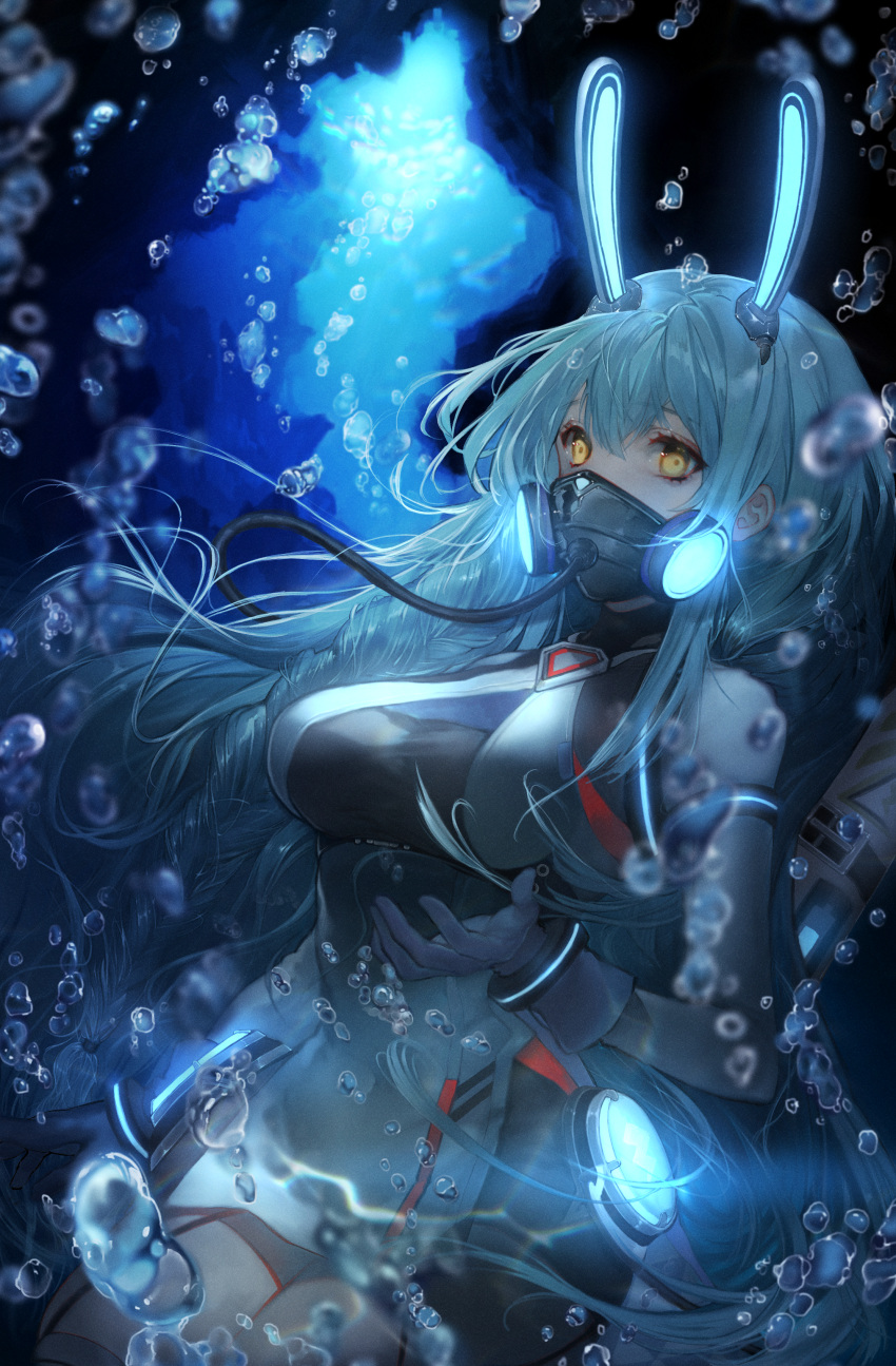 1girl absurdres air_bubble animal_ears azur_lane blue_hair boise_(azur_lane) breasts bubble covered_mouth dress fake_animal_ears gloves glowing glowing_ears highres large_breasts light_blue_hair limi long_hair looking_at_viewer md5_mismatch mechanical_ears microdress oxygen_mask oxygen_tank rabbit_ears scuba_tank solo thighhighs underwater very_long_hair white_gloves yellow_eyes
