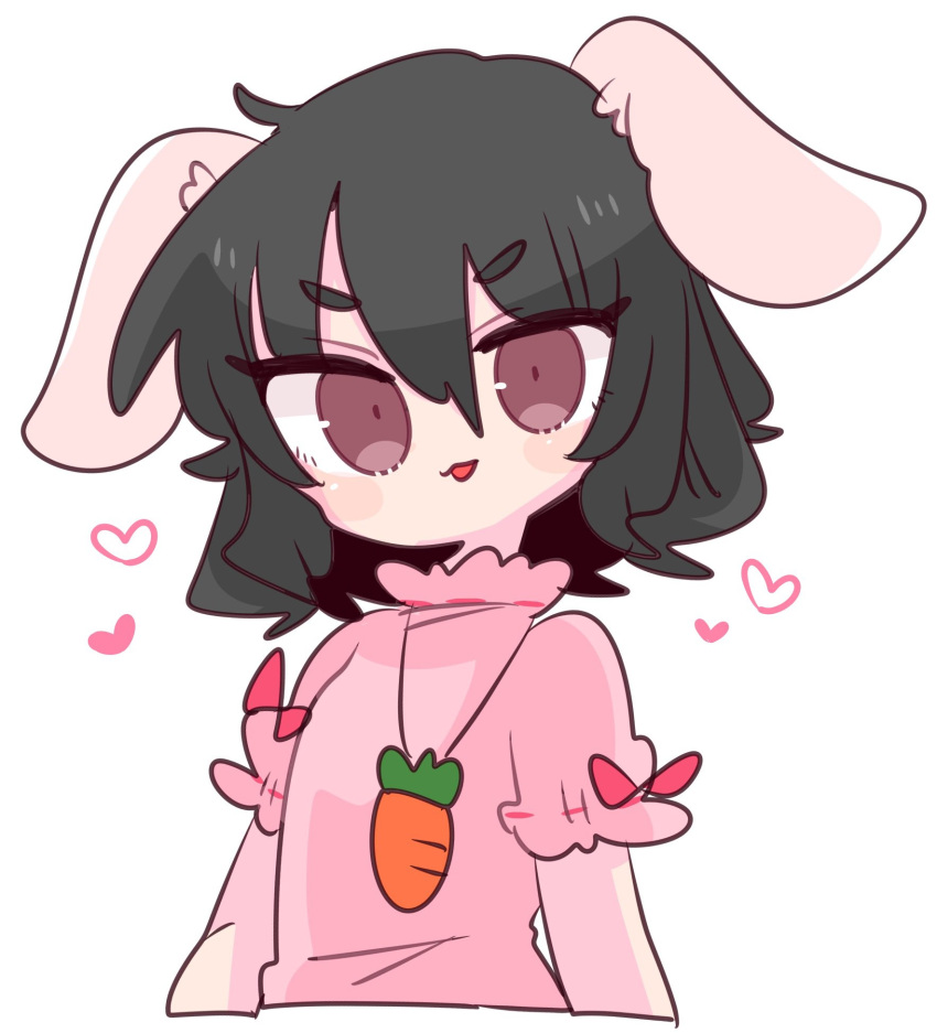 1girl animal_ears black_hair carrot carrot_necklace dress floppy_ears frilled_dress frilled_sleeves frills heart highres inaba_tewi jewelry op_na_yarou pendant pink_dress puffy_short_sleeves puffy_sleeves rabbit_ears rabbit_girl red_eyes ribbon-trimmed_dress short_hair short_sleeves simple_background tail touhou white_background