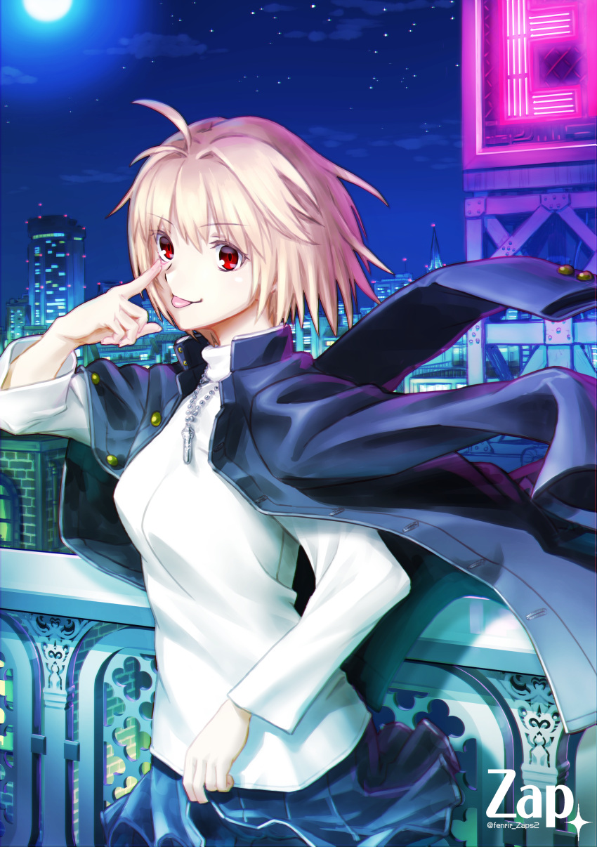 1girl :p absurdres akanbe antenna_hair arcueid_brunestud artist_name bangs black_jacket black_skirt blonde_hair breasts building city city_lights cloud commentary_request eyebrows_visible_through_hair finger_to_eye hair_between_eyes highres index_finger_raised jacket jacket_on_shoulders jewelry long_sleeves looking_at_viewer medium_breasts miniskirt moon necklace night night_sky red_eyes short_hair skirt sky smile solo star_(sky) sweater tongue tongue_out tsukihime tsukihime_(remake) turtleneck turtleneck_sweater twitter_username upper_body vampire white_sweater zap
