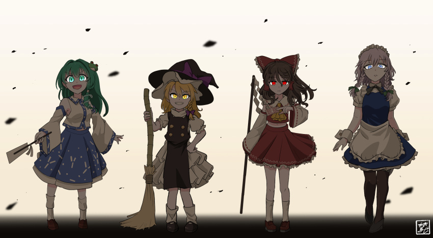 4girls apron ascot black_dress blonde_hair blue_dress blue_eyes blue_skirt bow braid bright_pupils broom brown_hair buttons chamaji check_commentary collared_shirt commentary_request detached_sleeves dress frilled_bow frilled_dress frills frog_hair_ornament full_body gohei green_eyes green_hair hair_bow hair_ornament hair_tubes hakurei_reimu hat hat_bow highres izayoi_sakuya japanese_clothes kirisame_marisa kochiya_sanae long_hair long_skirt maid maid_apron maid_headdress mary_janes medium_hair multiple_girls nontraditional_miko pantyhose puffy_sleeves red_bow red_eyes red_skirt ribbon-trimmed_sleeves ribbon_trim shade shirt shoes short_hair short_sleeves side_braid sidelocks silver_hair single_braid skirt skirt_set sleeveless sleeveless_shirt snake_hair_ornament socks touhou twin_braids unconnected_marketeers waist_apron white_bow white_legwear white_shirt wide_sleeves witch_hat yellow_ascot yellow_eyes