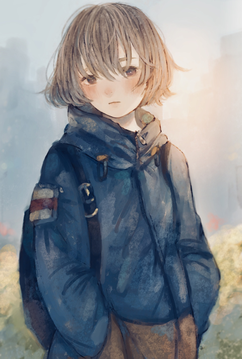 1girl backpack bag blurry blurry_background blush bob_cut brown_eyes brown_hair commentary expressionless hands_in_pockets highres jacket looking_at_viewer orie_h original outdoors short_hair solo upper_body