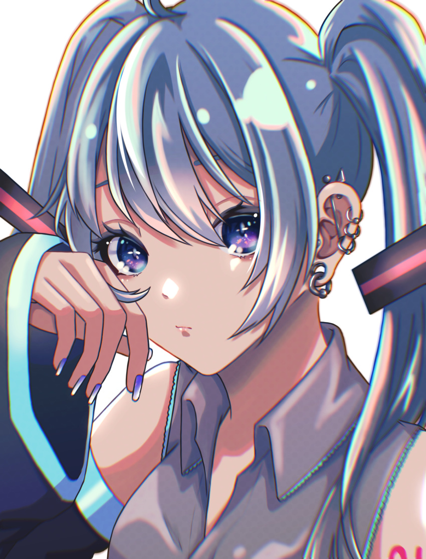 1girl absurdres bangs black_sleeves blue_eyes blue_hair blue_nails closed_mouth collared_shirt commentary detached_sleeves dress_shirt earrings francium76 grey_shirt hair_between_eyes hatsune_miku highres jewelry long_hair long_sleeves nail_polish shiny shiny_hair shirt simple_background sleeveless sleeveless_shirt solo twintails vocaloid white_background wing_collar