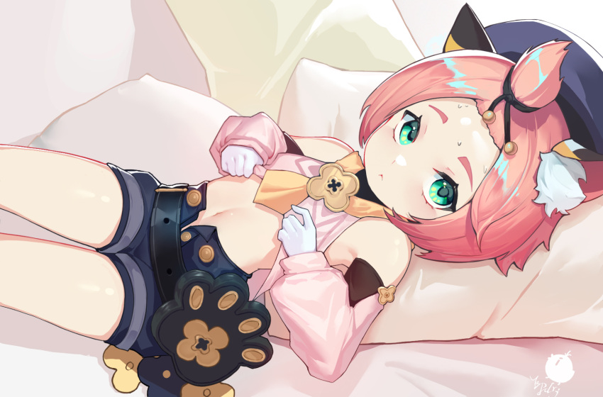 1girl :&lt; animal_ears armpits bag bangs_pinned_back bed_sheet benpao_de_ruoji cat_ears clothes_lift commentary_request detached_sleeves diona_(genshin_impact) forehead genshin_impact gloves green_eyes hat highres lifted_by_self looking_at_viewer lying midriff navel paw_print pillow pink_hair puffy_detached_sleeves puffy_shorts puffy_sleeves short_hair shorts sidelocks solo thick_eyebrows white_gloves