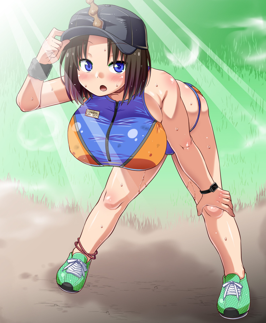 1girl :o anklet bangs bare_legs bare_shoulders bent_over black_headwear blue_eyes breasts brown_hair buruma copyright_name crop_top day dragon_girl dragon_horns elma_(maidragon) grass green_footwear hand_on_own_knee hat highres holding holding_clothes holding_hat horns jewelry kobayashi-san_chi_no_maidragon large_breasts light_rays looking_at_viewer shiny shiny_hair shiny_skin shoes short_hair sideboob skindentation sneakers solo sports_bra sportswear spread_legs standing sunbeam sunlight sweat track_uniform utamaro watch zipper