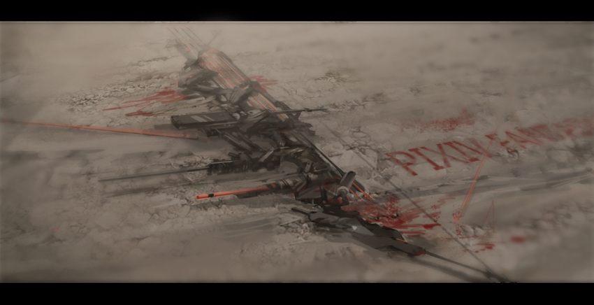 bad_id bad_pixiv_id blood blood_on_ground blood_splatter blood_stain blurry bow_(weapon) commentary copyright_name depth_of_field dust floor letterboxed no_humans photoshop_(medium) pixiv_fantasia pixiv_fantasia_t renatus.z weapon weapon_focus