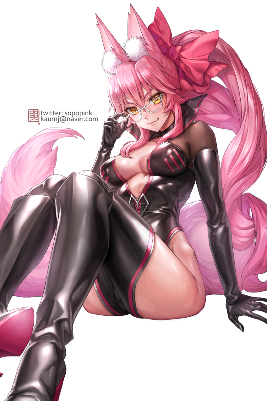 1girl animal_ear_fluff animal_ears black_bodysuit bodysuit box_(hotpppink) breasts eyebrows_visible_through_hair fate/grand_order fate_(series) fox_ears fox_girl fox_tail glasses hair_between_eyes highres hip_vent koyanskaya_(fate) long_hair medium_breasts pink_hair side_ponytail sitting solo tail tamamo_(fate) very_long_hair white-framed_eyewear yellow_eyes zipper zipper_pull_tab