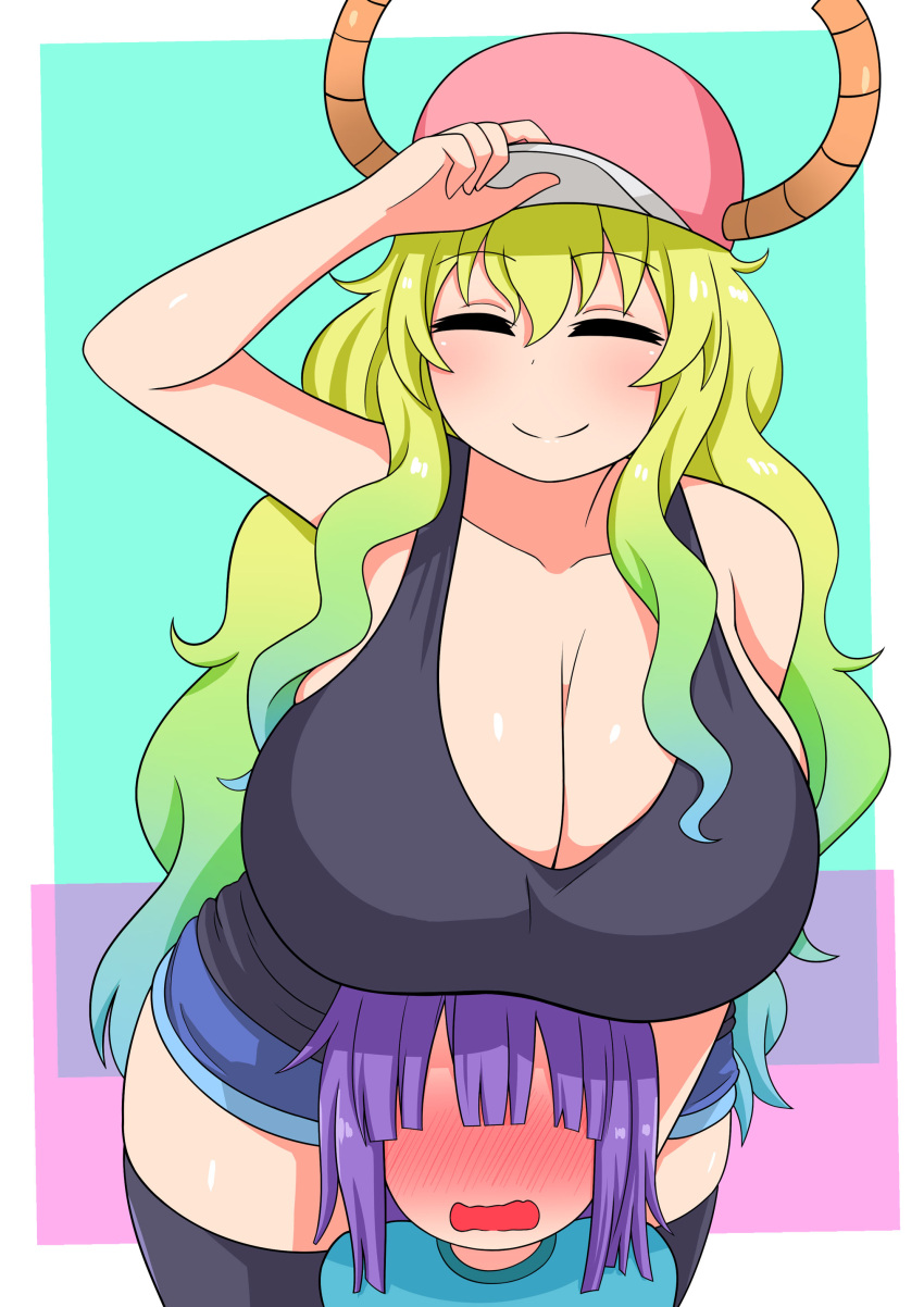 1boy 1girl absurdres adjusting_clothes adjusting_headwear black_legwear blonde_hair breast_rest breasts breasts_on_head closed_eyes dragon_horns embarrassed eyebrows eyebrows_visible_through_hair green_hair hat highres horns horns_through_headwear huge_breasts kobayashi-san_chi_no_maidragon lucoa_(maidragon) magatsuchi_shouta nervous no_eyes open_mouth purple_hair shiny shiny_skin short_hair smile the_only_shoe thighhighs thighs