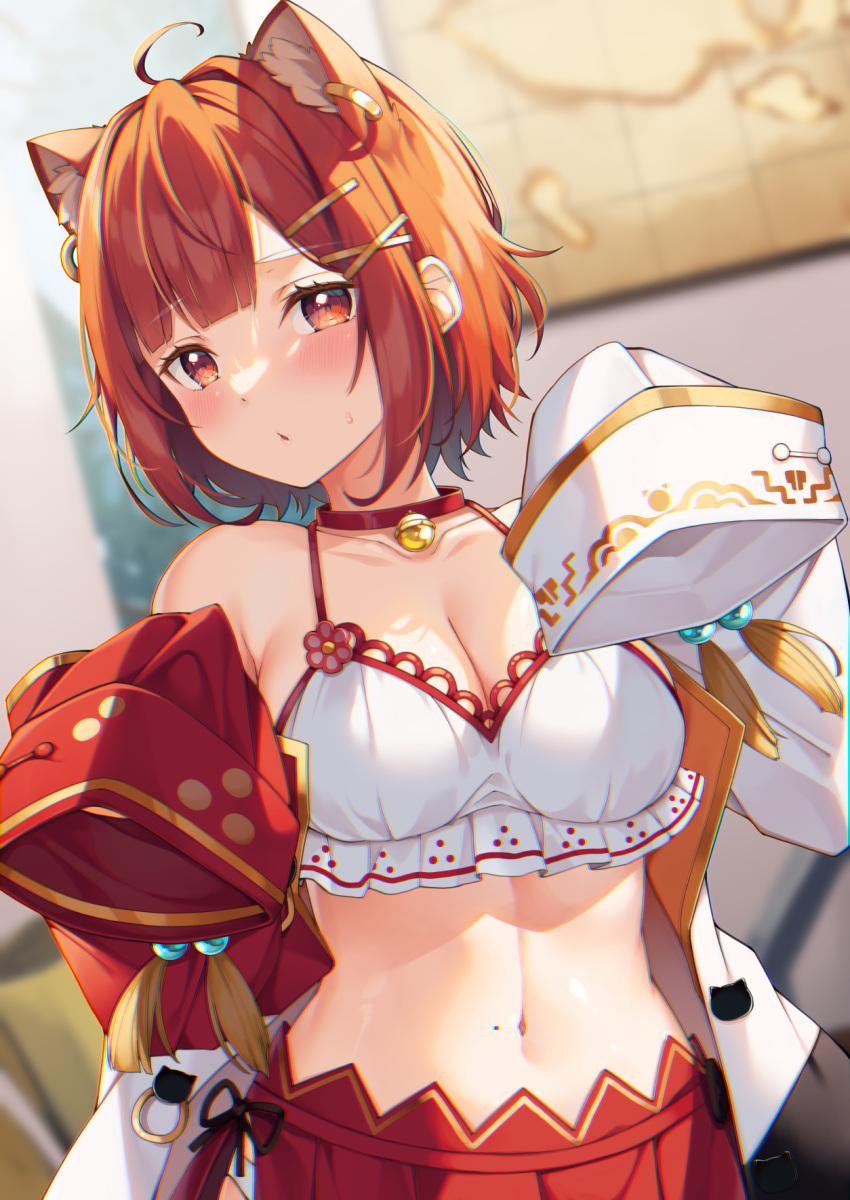 1girl ahoge animal_ears bell breasts choker cleavage collarbone hair_ornament highres looking_at_viewer medium_breasts midriff mole mole_on_stomach navel neck_bell nijisanji ratna_petit red_choker red_eyes red_hair red_panda_ears red_panda_girl red_skirt short_hair skirt sleeves_past_fingers sleeves_past_wrists solo swimsuit virtual_youtuber x_hair_ornament yuuri_nayuta