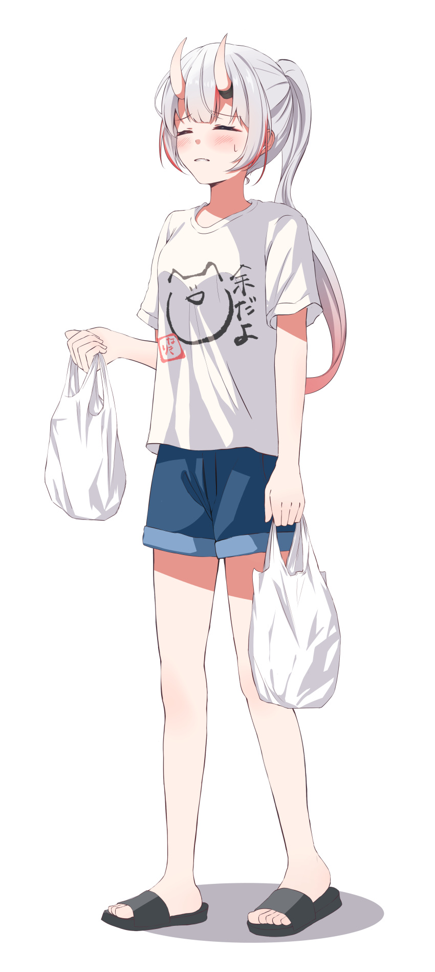 1girl absurdres alternate_costume alternate_hairstyle bag black_footwear blue_shorts blush closed_eyes gradient_hair grey_hair highres holding holding_bag hololive horns karashi_(asarikarasi) long_hair multicolored_hair nakiri_ayame oni oni_horns plastic_bag ponytail red_hair sandals shirt shopping_bag short_sleeves shorts simple_background skin-covered_horns solo streaked_hair sweat t-shirt virtual_youtuber white_background white_shirt