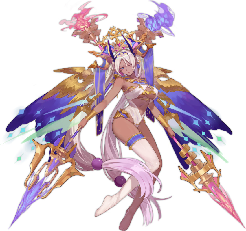 1girl animal_ears ark_order bangs beads blue_eyes blue_fire bracelet breasts dark_skin dual_wielding egyptian fire gold gold_trim hair_beads hair_ornament hairband headpiece highres holding horns jewelry leotard long_hair looking_at_viewer low-tied_long_hair multiple_wings necklace no_shoes nut_(ark_order) official_art one_eye_closed polearm red_cucumber single_bare_leg single_thighhigh solo spear tachi-e thighhighs transparent_background twintails very_long_hair weapon white_hair white_legwear white_leotard wings yellow_wings