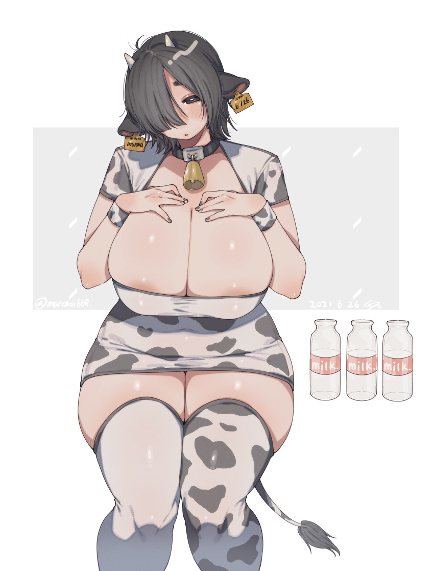 1girl absurdres ahoge animal_ears animal_print areola_slip areolae barcode bell black_choker black_eyes black_hair black_nails blush bottle breasts chinese_zodiac choker commentary_request covered_navel covered_nipples cow_ears cow_horns cow_print dated ear_tag fingernails hair_between_eyes hair_over_one_eye half-closed_eyes highres horns huge_breasts invisible_chair looking_at_viewer milk_bottle muroku_(aimichiyo0526) neck_bell open_mouth original patterned patterned_clothing shiny shiny_hair shiny_skin short_hair sitting skindentation solo thighhighs tight twitter_username white_legwear year_of_the_ox