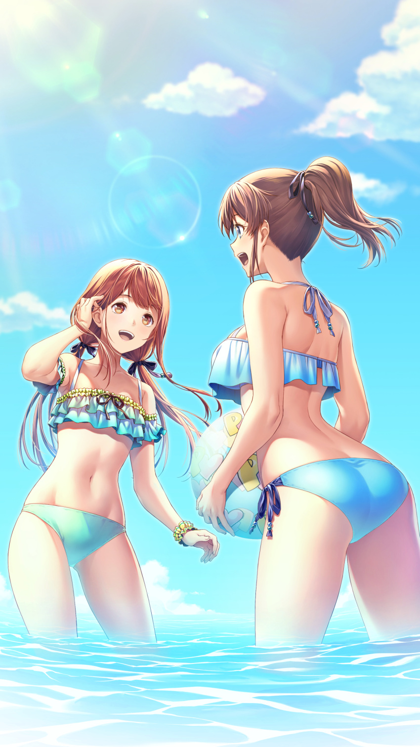 2girls :d absurdres adjusting_hair ass ass_visible_through_thighs back ball bare_arms bare_shoulders beachball bikini black_ribbon blue_bikini blue_eyes blue_sky breasts brown_eyes brown_hair collarbone commentary_request day eye_contact frilled_bikini frills hair_ribbon highres holding holding_ball idolmaster idolmaster_million_live! layered_bikini lens_flare long_hair looking_at_another low_twintails medium_breasts multiple_girls nanaran navel ocean open_mouth outdoors ponytail purple_ribbon ribbon satake_minako scrunchie short_hair short_ponytail side-tie_bikini sideways_mouth sky small_breasts smile stomach summer sunlight swimsuit tanaka_kotoha twintails wading water wrist_scrunchie