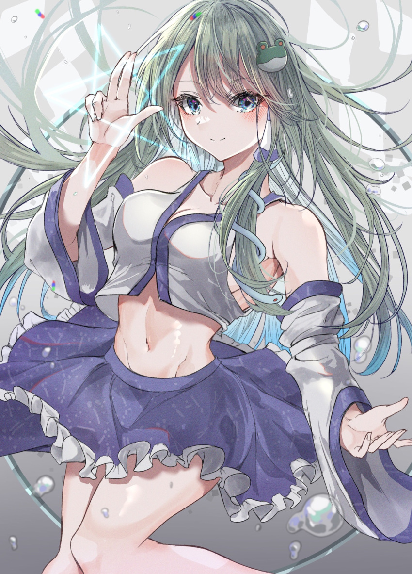 1girl arm_up armpit_peek blue_eyes blue_skirt blush breasts bubble cleavage collarbone detached_sleeves eyebrows_visible_through_hair frilled_skirt frills frog_hair_ornament green_hair hair_ornament hegata_(hegatia_lapis) highres kochiya_sanae large_breasts long_hair long_sleeves looking_at_viewer navel nontraditional_miko skirt smile snake_hair_ornament solo star_(symbol) thighs touhou wide_sleeves