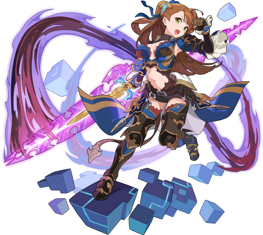 1girl arm_up armor armored_boots artist_request asymmetrical_bangs aura bangs beatrix_(granblue_fantasy) belt blue_legwear blue_ribbon blue_vest blush boots breasts brown_footwear brown_hair brown_jumpsuit clenched_hand clothing_cutout cube energy_sword faulds full_body gauntlets granblue_fantasy green_eyes hair_ornament hair_ribbon highres holding holding_sword holding_weapon knee_pads large_breasts leg_up light_blush long_hair looking_at_viewer navel non-web_source official_art open_mouth outstretched_arm ponytail ribbon shiny shiny_hair short_jumpsuit shoulder_armor solo standing standing_on_one_leg stomach stomach_cutout sword teeth thighhighs tied_hair transparent_background v-shaped_eyebrows vambraces vest waist_cape weapon world_flipper