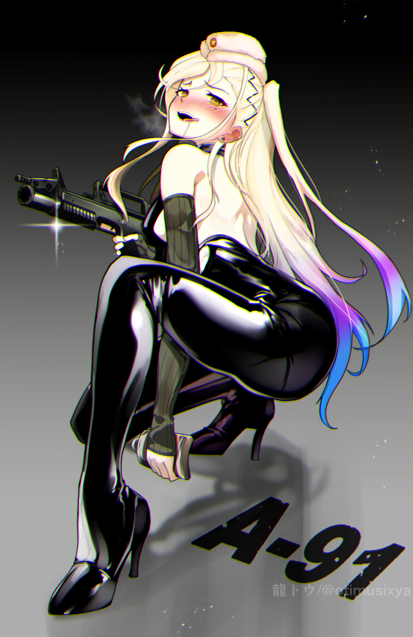 1girl a-91 a-91_(girls'_frontline) ass assault_rifle bare_shoulders black_bodysuit blonde_hair blue_hair blush bodysuit breasts character_name commentary_request drunk earrings elbow_gloves fingerless_gloves flask full_body girls'_frontline gloves grenade_launcher gun hat high_heels highres hip_flask holding holding_flask holding_gun holding_weapon jewelry large_breasts latex latex_bodysuit long_hair looking_at_viewer mole multicolored_hair one_knee open_mouth ponytail rifle ryuu_tou saliva smile solo tongue underbarrel_grenade_launcher weapon yellow_eyes