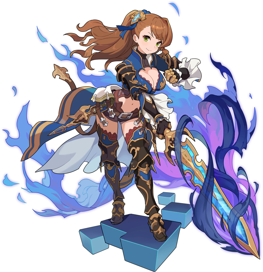 1girl armor armored_boots artist_request asymmetrical_bangs aura bangs beatrix_(granblue_fantasy) belt blue_legwear blue_ribbon blue_vest blush boots breasts brown_footwear brown_hair brown_jumpsuit closed_mouth clothing_cutout cube eyebrows_visible_through_hair faulds full_body gauntlets granblue_fantasy green_eyes hair_ornament hair_ribbon hand_up happy highres holding holding_sword holding_weapon knee_pads large_breasts leaning_forward light_blush long_hair looking_at_viewer navel non-web_source official_art outstretched_arm ponytail ribbon shiny shiny_hair short_jumpsuit shoulder_armor smile solo standing stomach stomach_cutout sword thighhighs tied_hair transparent_background v-shaped_eyebrows vambraces vest waist_cape weapon world_flipper