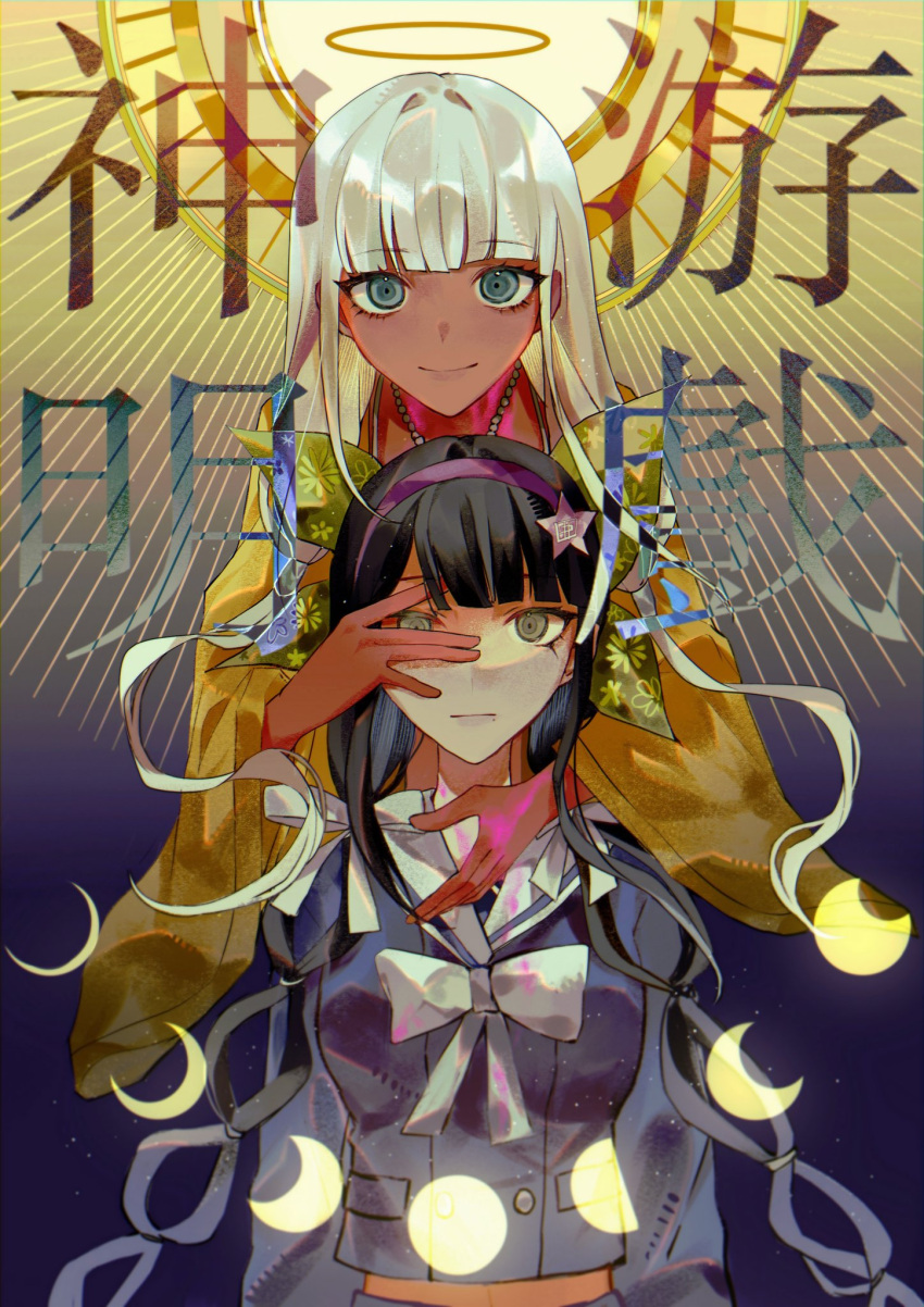 2girls bangs black_hair blood blunt_bangs bow chabashira_tenko chu_dong commentary danganronpa_(series) danganronpa_v3:_killing_harmony dark-skinned_female dark_skin eyebrows_visible_through_hair ganguro gradient gradient_background green_bow grey_bow hair_bow hair_ornament hair_ribbon halo hand_on_another's_face highres jacket jewelry long_hair long_sleeves looking_at_viewer low_twintails midriff mole mole_under_mouth multiple_girls necklace orange_jacket pink_blood ribbon sailor_collar school_uniform shiny shiny_hair silver_hair smile star_(symbol) star_hair_ornament symbol-only_commentary translation_request twintails upper_body white_ribbon yonaga_angie