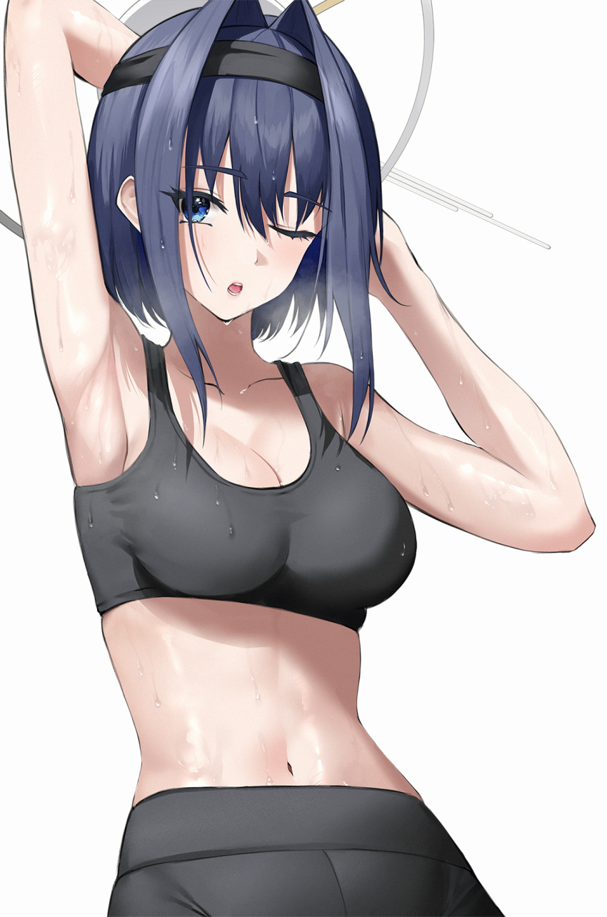 1girl ;o arm_up armpits bare_arms bare_shoulders blue_eyes blue_hair breasts collarbone crop_top hair_intakes hand_up highres hololive hololive_english junkt729 leggings looking_at_viewer medium_breasts midriff navel one_eye_closed open_mouth ouro_kronii short_hair simple_background sleeveless solo sports_bra stomach sweat sweatband upper_body virtual_youtuber white_background
