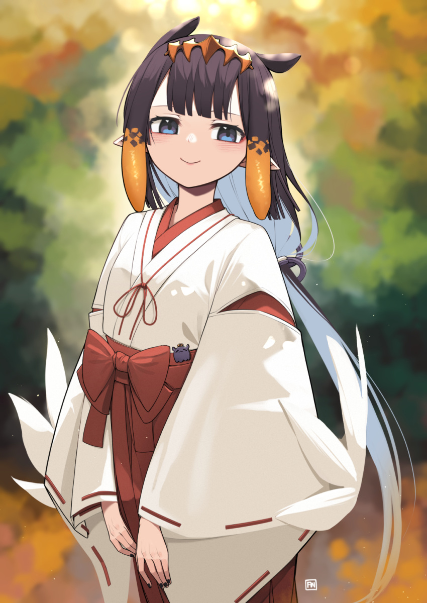 1girl alternate_costume angry_num animal_ears artist_logo black_hair black_nails blue_eyes blurry blurry_background blush breasts closed_mouth colored_inner_hair commentary cowboy_shot day hakama headpiece highres hololive hololive_english japanese_clothes kimono light_blue_hair long_hair looking_at_viewer miko multicolored_hair nail_polish ninomae_ina'nis orange_hair outdoors pointy_ears red_hakama small_breasts smile solo symbol-only_commentary tako_(ninomae_ina'nis) tentacle_hair tree virtual_youtuber white_kimono wide_sleeves