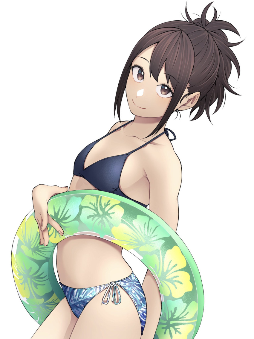 1girl bikini black_hair brown_eyes flat_chest gintama highres innertube kobaji looking_at_viewer shimura_tae short_hair swimsuit white_background