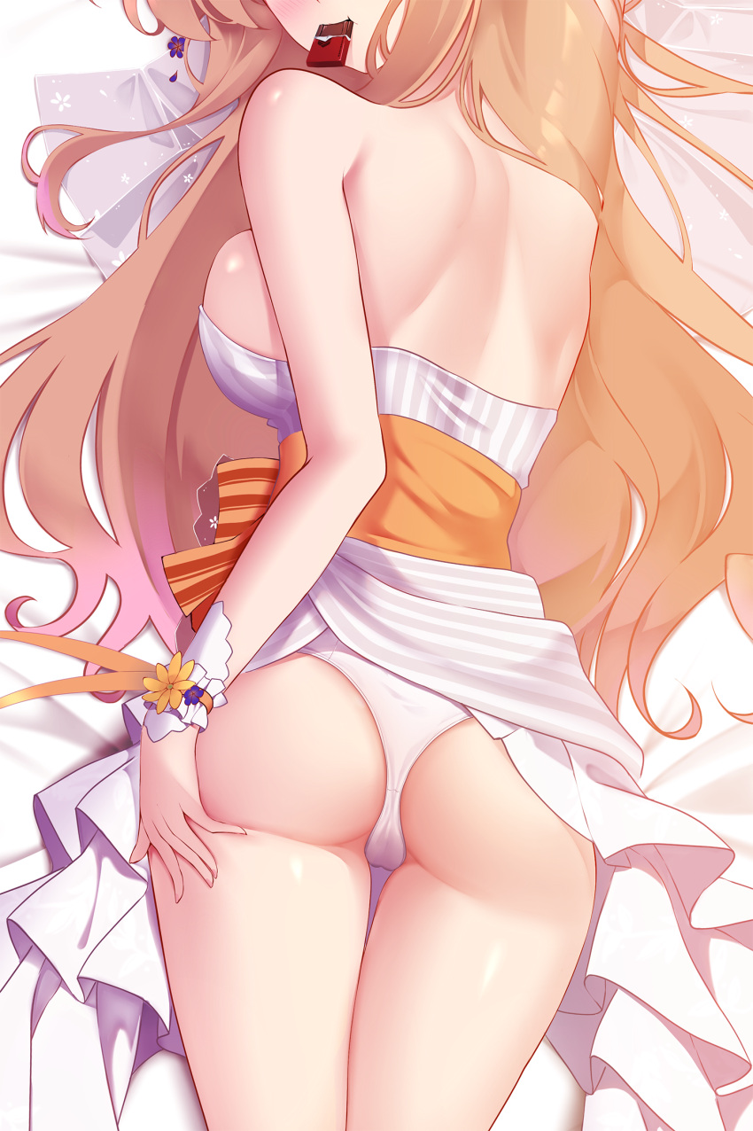 1girl ass ass_grab back bed_sheet bow breast_press breasts bridal_veil candy chocolate chocolate_bar commentary dakimakura_(medium) dress english_commentary flower fnc_(girls'_frontline) food food_in_mouth girls'_frontline grabbing_own_ass head_out_of_frame highres long_hair lying medium_breasts on_stomach orange_bow orange_flower orange_hair panties shoulder_blades solo thighs underwear veil wedding_dress white_dress white_panties wrist_cuffs z.taiga