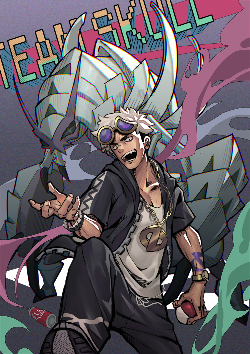 1boy arm_tattoo black_hair black_jacket black_pants commentary eyewear_on_head golisopod guzma_(pokemon) highres holding holding_poke_ball hood hooded_jacket jacket llxhh looking_at_viewer male_focus multicolored_hair open_mouth pants poke_ball poke_ball_(basic) pokemon pokemon_(creature) pokemon_(game) pokemon_sm shirt shoe_soles shoes short_sleeves sunglasses tattoo team_skull teeth two-tone_hair undercut watch white_hair white_shirt wristwatch yellow-framed_eyewear zipper